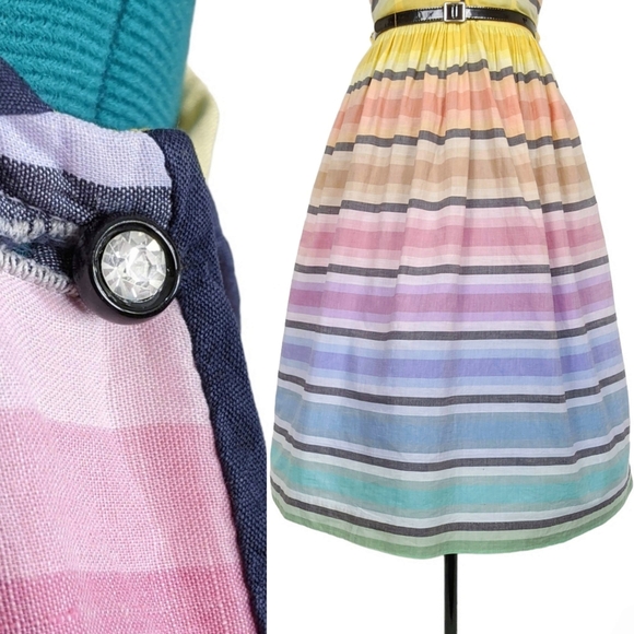 1950s Rainbow Dress 50s Vintage Fit N Flare Summer Tea Retro XS Rhinestone RARE - Picture 7 of 11